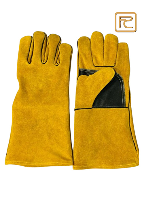 FE18FYDPH-BLACK PATCH PALM REINFORCED YELLOW COW SPLIT WELDING GLOVES